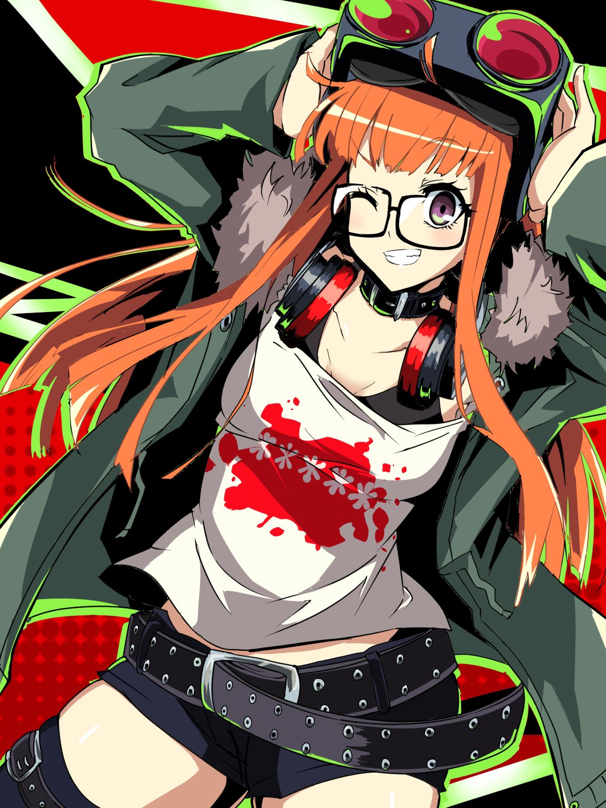 synchroman, sakura futaba, persona, persona 5, highres, 1girl, arms up, belt, black belt, black shorts, black thighhighs, blunt bangs, breasts, cowboy shot, dutch angle, fur-trimmed jacket, fur trim, glasses, goggles, goggles on head, green jacket, grin, headphones, jacket, looking at viewer, midriff peek, one eye closed, open clothes, open jacket, orange hair, purple eyes, shirt, short shorts, shorts, small breasts, smile, solo, thighhighs, white shirt