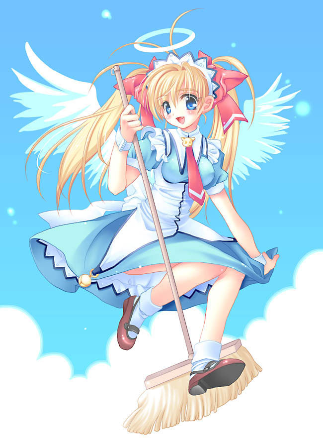 1girl, angel, bad anatomy, blonde hair, blue eyes, broom, broom riding, cloud, female focus, maid, mop, sky, solo, wings