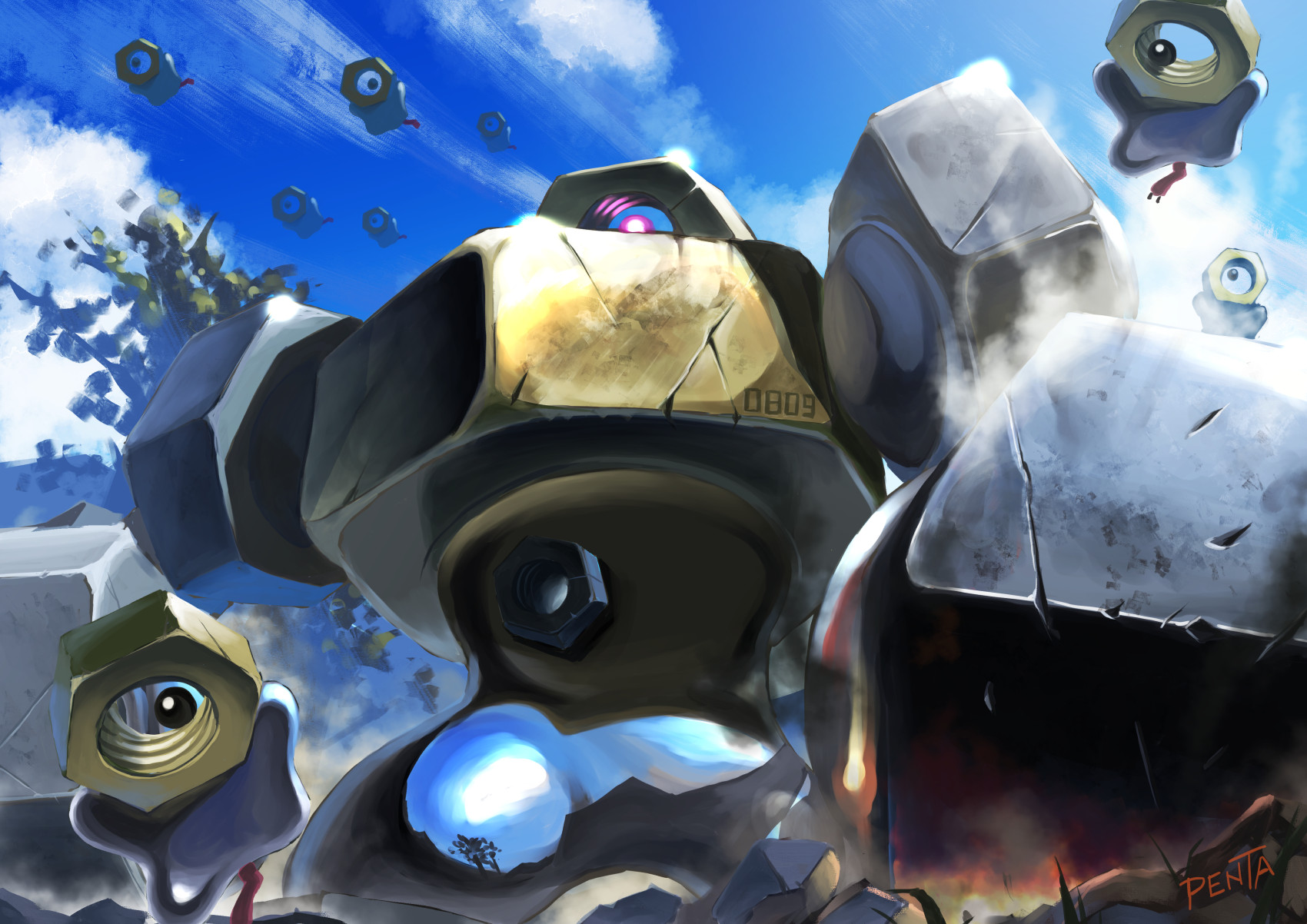 penta oekaki, melmetal, meltan, nintendo, pokemon, highres, artist name, blue sky, cable, cloud, crack, day, evolutionary line, gen 7 pokemon, metal skin, mythical pokemon, nut (hardware), one-eyed, outdoors, pokedex number, pokemon (creature), pokemon focus, sky