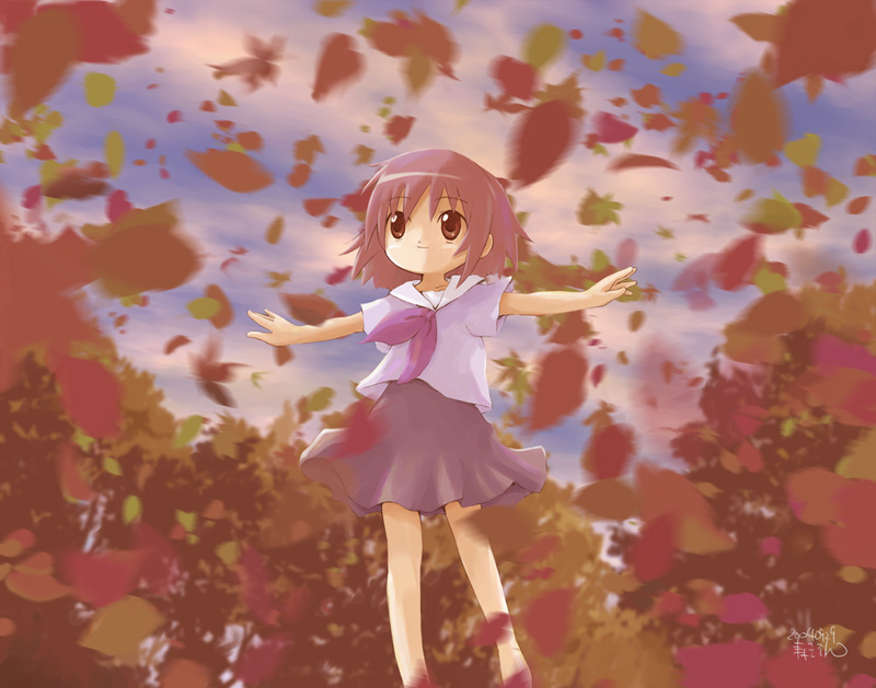kotobuki keisuke, original, source request, 1girl, autumn leaves, brown eyes, brown hair, child, female focus, leaf, outstretched arms, school uniform, serafuku, short hair, skirt, smile, solo, spread arms, wind