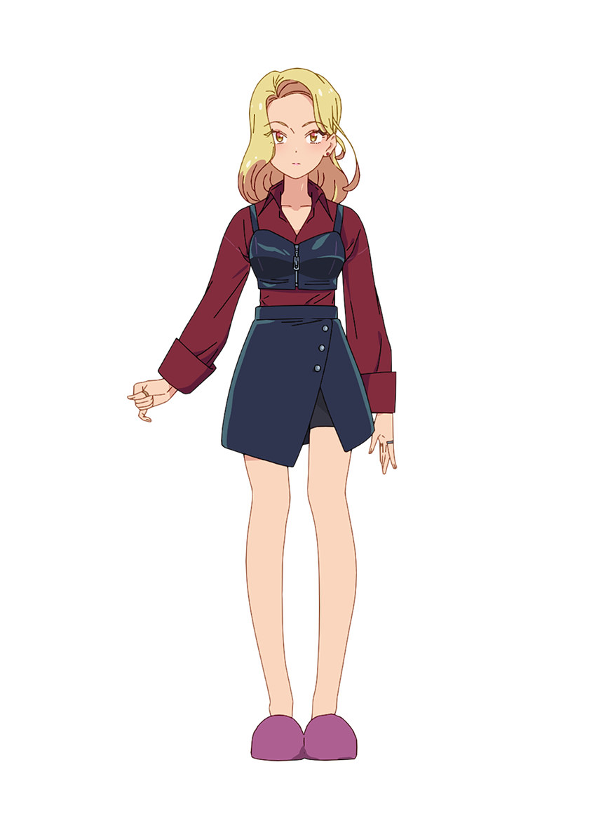 mayonaka punch, official art, 1girl, anime coloring, arima ryouta, blonde hair, blue sky, clenched hand, closed mouth, collarbone, collared shirt, full body, jewelry, kikka (mayonaka punch), lips, long hair, long sleeves, looking at viewer, open hand, pantyhose, pink slippers, red shirt, ring, shirt, simple background, skirt, sky, slippers, solo, standing, transparent background, tsurime, yellow eyes