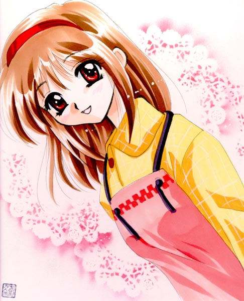 kanna (plum), tsukimiya ayu, kanon, 1girl, apron, brown hair, female focus, hairband, open mouth, pink apron, red eyes, smile, solo