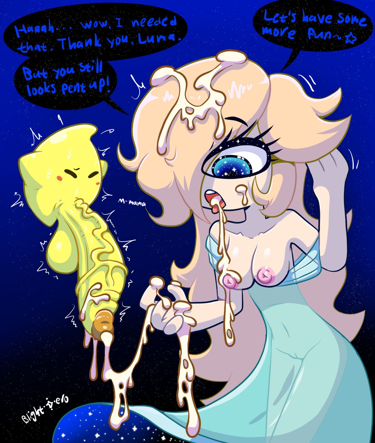 blightstarero, luma (mario), rosalina, mario (series), nintendo, 1boy, 1girl, 1other, breasts, closed eyes, clothed sex, colored skin, cum, cum in mouth, cum on body, cum on breasts, cum on hair, cum on upper body, english text, facial, huge nipples, huge penis, medium breasts, nipples, penis, size difference, space, speech bubble, star (sky), testicles, yellow skin