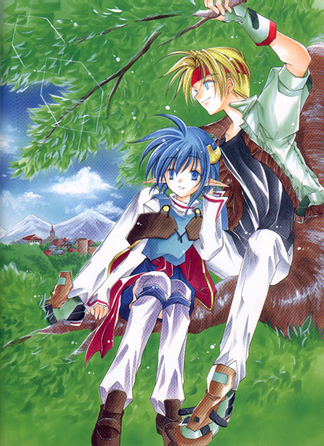 azuma mayumi, claude c. kenny, rena lanford, star ocean, star ocean: the second story, star ocean ex, 00s, 1990s (style), 1boy, 1girl, blue eyes, blue hair, cloud, crescent, crescent hair ornament, day, hair ornament, pointy ears, retro artstyle