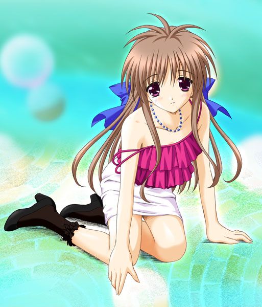 game cg, source request, 1girl, arm support, beads, boots, brown hair, casual, female focus, jewelry, kneeling, long hair, necklace, red eyes, solo, strap slip