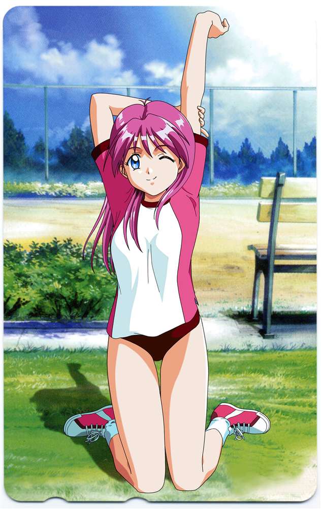 kokura masashi, shirayuki maho, konami, tokimeki memorial, tokimeki memorial 2, official art, scan, 1990s (style), 1girl, bench, blue eyes, buruma, card, chain-link fence, day, female focus, fence, full body, grass, gym uniform, kneeling, one eye closed, outdoors, phonecard, pink hair, purple hair, red hair, retro artstyle, shoes, smile, sneakers, solo, stretching, thigh gap, thighs, wink