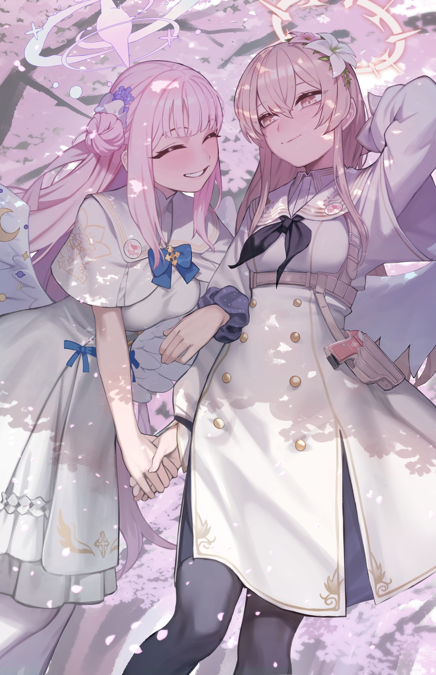 chorogon, mika (blue archive), nagisa (blue archive), blue archive, walther, commission, highres, skeb commission, 2girls, angel wings, arm up, black neckerchief, black pantyhose, blue bow, bow, breasts, brown eyes, brown hair, buttons, capelet, chest harness, closed eyes, closed mouth, double-breasted, dress, feathered wings, flower, gun, hair between eyes, hair bun, hair flower, hair ornament, halo, handgun, harness, holding, holding hands, holster, long hair, looking at another, low wings, multiple girls, neckerchief, open mouth, pantyhose, pink hair, pink halo, sailor collar, scrunchie, single hair bun, smile, very long hair, walther ppk, weapon, white capelet, white dress, white flower, white sailor collar, wing ornament, wings, wrist scrunchie