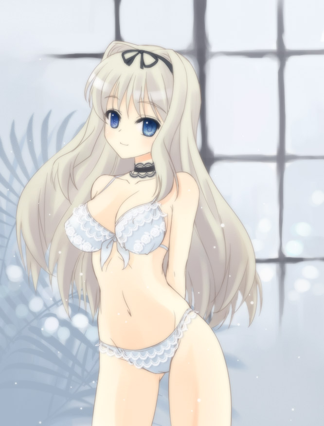 kusugawa sasara, to heart (series), to heart 2, silver hair, 00s, 1girl, arms behind back, blonde hair, blue bra, blue eyes, blue panties, bra, choker, female focus, frilled bra, frilled panties, frills, hair ribbon, lingerie, long hair, navel, panties, ribbon, solo, standing, underwear, underwear only