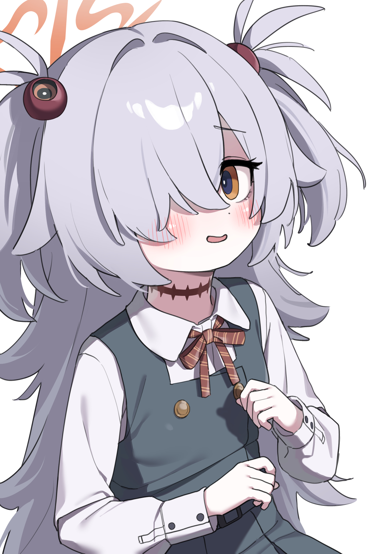 matanukinuki, kanoe (blue archive), blue archive, highres, 1girl, black dress, blush, brown eyes, brown halo, dot nose, dress, flat chest, grey hair, hair over one eye, halo, long hair, long sleeves, looking at viewer, neck ribbon, open mouth, pinafore dress, puffy long sleeves, puffy sleeves, red ribbon, ribbon, shirt, simple background, sleeveless, sleeveless dress, solo, two side up, white background, white shirt