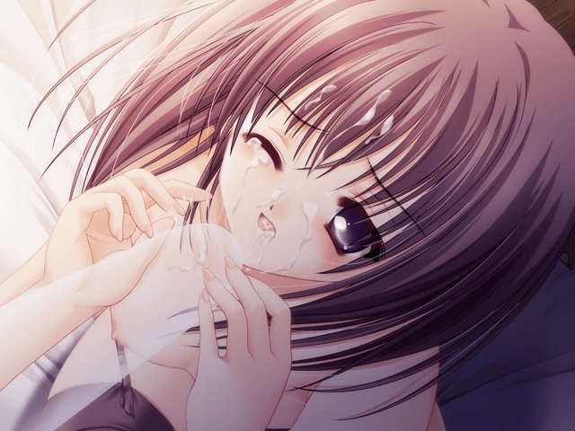 shuna, tinker bell (pixiv 10956015), shuna (magical tale), magical tale, game cg, 1boy, 1girl, blush, breasts, brown hair, cum, cum in mouth, cum on body, cum on hair, dutch angle, facial, female focus, garter belt, invisible penis, nipples, nude, one eye closed, purple eyes, short hair, solo, tears, thighhighs, wince, wink
