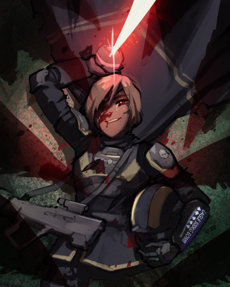psuede, helldiver (helldivers), helldivers (series), commentary, english commentary, 1girl, ar-23 liberator, armor, arrow (symbol), black armor, blonde hair, blood, blood from mouth, blood on chest, blood on face, combat helmet, crying, crying with eyes open, eagle 500kg bomb stratagem (helldivers), gameplay mechanics, grin, gun, helmet, holding, holding unworn helmet, imminent death, laser, looking at viewer, red eyes, scope, self-sacrifice, short hair, smile, stratagem (helldivers), surrounded, tearing up, tears, teeth, unworn headwear, unworn helmet, weapon, wrist computer