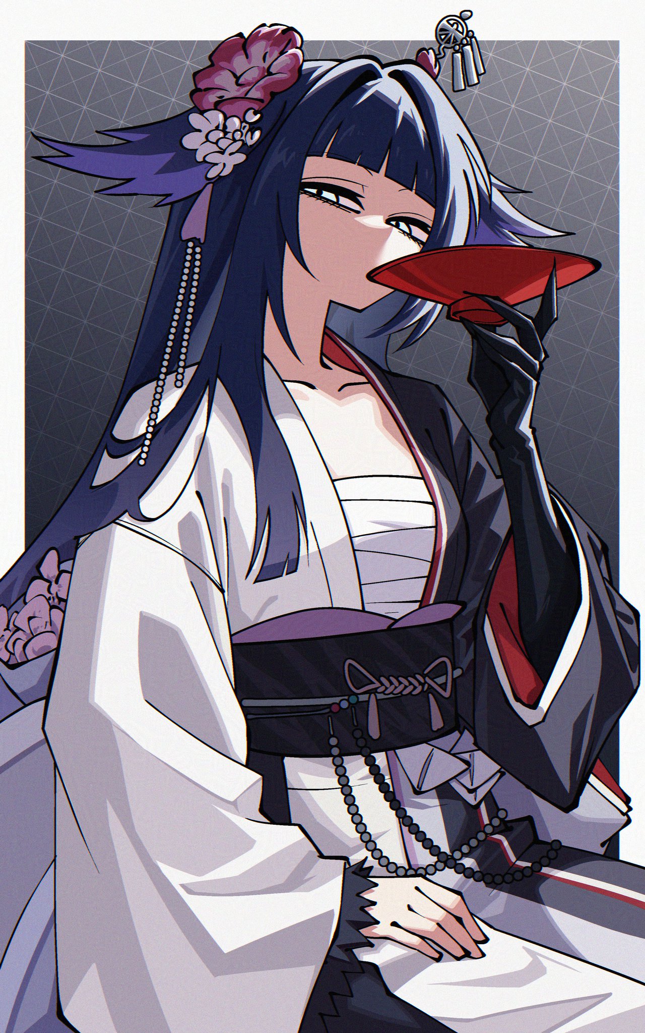 dryegen, mio (arknights), arknights, commentary, english commentary, highres, 1girl, aqua eyes, black gloves, black kimono, black sash, blue hair, blunt bangs, border, chest sarashi, collarbone, cup, flower, gloves, gradient background, grey background, hair flower, hair intakes, hair ornament, hair stick, hair wings, holding, holding cup, japanese clothes, kimono, long hair, long sleeves, looking at viewer, obi, sakazuki, sarashi, sash, single glove, solo, two-tone kimono, white border, white kimono, wide sleeves
