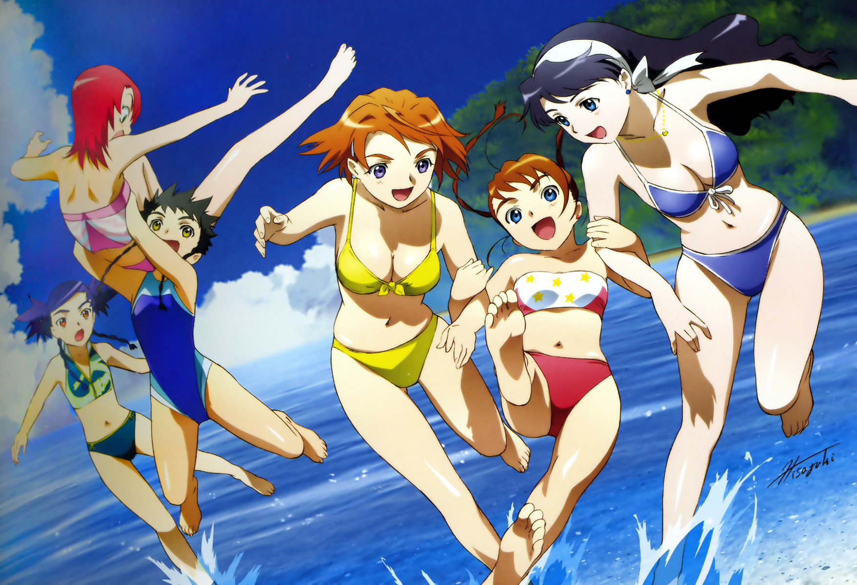 hisayuki hirokazu, arika yumemiya, juliet nao zhang, lena sayers, minagi mikoto, nina wang, tokiha mai, my-hime, my-otome, highres, official art, scan, 00s, 6+girls, :d, :o, age difference, ahoge, armpits, arms up, back, bandeau, barefoot, beach, bikini, black hair, black one-piece swimsuit, blue bikini, blue eyes, blue hair, blue one-piece swimsuit, blush, bow, braid, breasts, brown hair, carrying, cleavage, cloud, competition swimsuit, day, dragon print, dutch angle, earrings, feet, flat chest, floating hair, foreshortening, front-tie bikini top, front-tie top, green eyes, hair ornament, hairband, hairclip, happy, holding another's arm, jewelry, jumping, leaning forward, legs apart, long hair, looking at another, looking at viewer, multiple girls, navel, necklace, ocean, one-piece swimsuit, open mouth, orange hair, outdoors, outstretched arms, pink bikini, print bikini, purple eyes, red bikini, red eyes, red hair, short hair, side braid, sky, small breasts, smile, soles, spiked hair, splashing, spread arms, star (symbol), star print, strapless, stud earrings, surprised, swimsuit, tankini, tree, tube top, twin braids, water, wavy hair, yellow bikini, yellow eyes