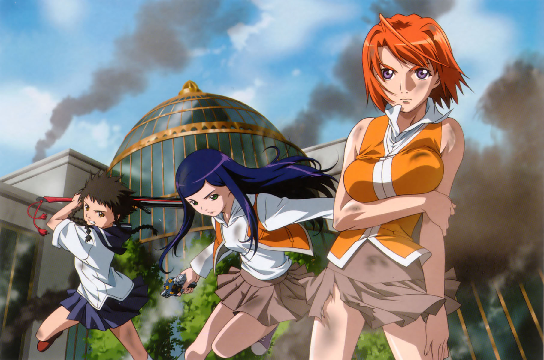 kuga natsuki, minagi mikoto, tokiha mai, my-hime, highres, angry, black hair, blue hair, braid, brown eyes, green eyes, gun, handgun, long hair, orange hair, pleated skirt, purple eyes, red hair, revolver, school uniform, short hair, skirt, smoke, sword, torn clothes, twin braids, vest, weapon