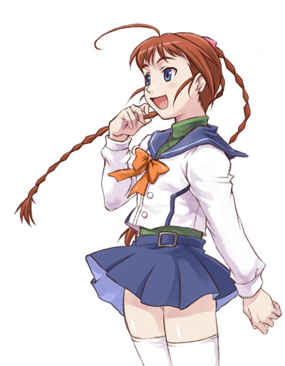maruto!, arika yumemiya, my-hime, my-otome, 00s, 1girl, ahoge, blue eyes, bow, braid, brown hair, female focus, long hair, panties, pantyshot, pleated skirt, red hair, school uniform, serafuku, skirt, solo, standing, thighhighs, twin braids, underwear, white thighhighs, zettai ryouiki