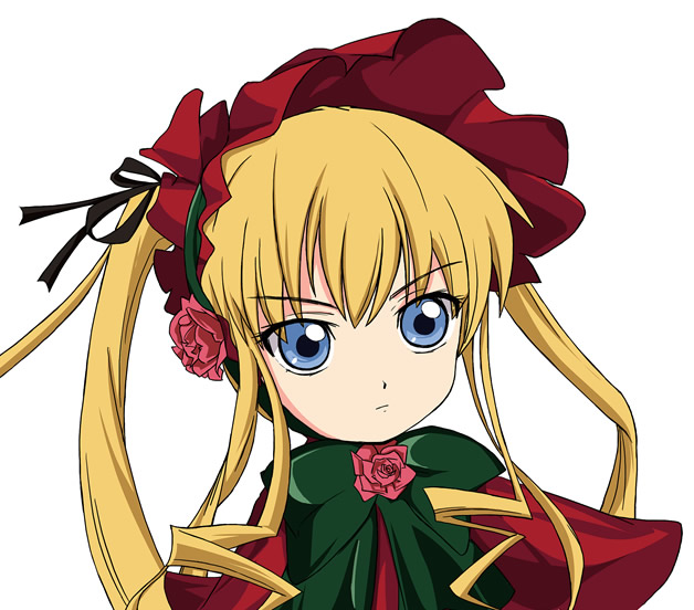 ixy, shinku, rozen maiden, eyebrows, 00s, 1girl, blonde hair, blue eyes, bonnet, bow, bowtie, close-up, dress, female focus, flower, long hair, red dress, rose, serious, sidelocks, simple background, solo, white background