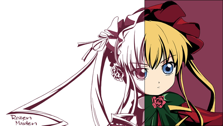 ixy, shinku, rozen maiden, eyebrows, unfinished, 00s, 1girl, blonde hair, blue eyes, bonnet, bow, bowtie, close-up, copyright name, dress, female focus, flower, long hair, red background, red dress, rose, serious, sidelocks, simple background, solo, white background