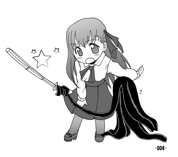 hota, angra mainyu, dark matou sakura, dark sakura, grail beast, matou sakura, fate/stay night, fate (series), 00s, 1girl, female focus, greyscale, monochrome, pantyhose, shinai, solo, sword, weapon, wooden sword