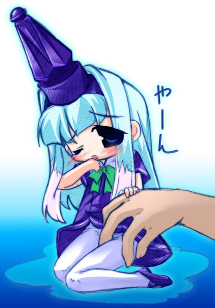 potion-tan, final fantasy, 1girl, ;o, blue dress, blue eyes, blue hair, blush, bow, bowtie, chibi, dress, female focus, hat, matching hair/eyes, mini person, minigirl, one eye closed, pantyhose, short sleeves, sitting, solo, white pantyhose, wince, yokozuwari
