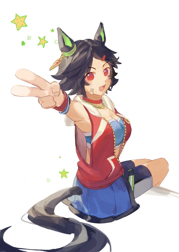 winning ticket (umamusume), umamusume, animal ears, bandaid, bandaid on cheek, bandaid on face, bike shorts, black hair, blue skirt, blue sports bra, blush, breasts, ear ornament, hair ornament, hairclip, hood, hoodie, horse ears, horse girl, horse tail, jacket, looking at viewer, medium breasts, open mouth, red eyes, red hoodie, red jacket, short hair, shorts, shorts under skirt, simple background, sirius ica, skirt, sleeveless, smile, sports bra, star (symbol), tail, v, white background, wristband