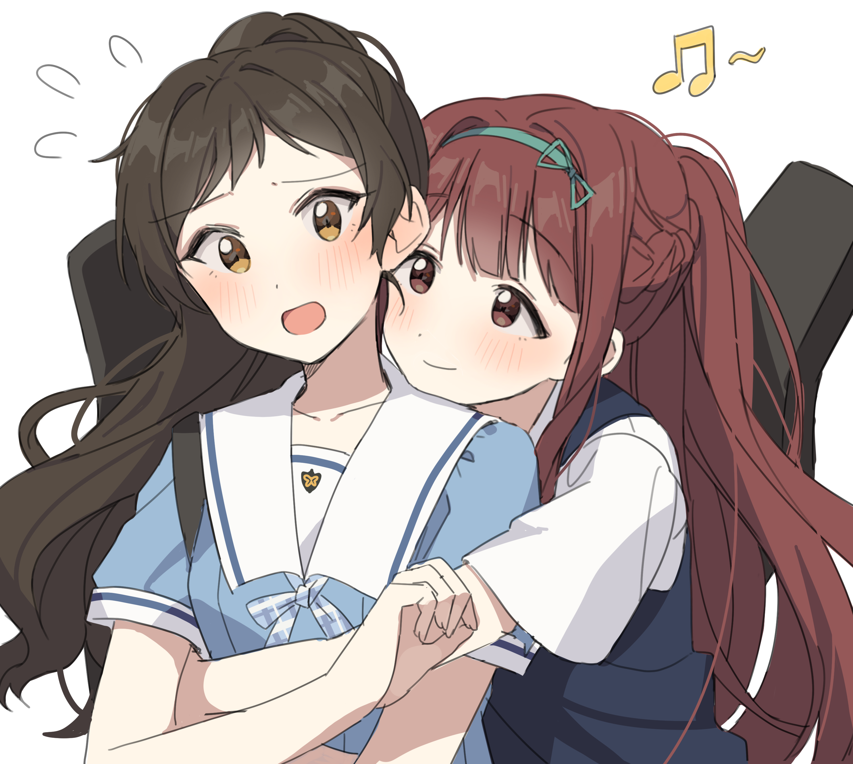 hano9789, kitazawa shiho, tanaka kotoha, idolmaster, idolmaster million live!, idolmaster million live! theater days, absurdres, highres, 2girls, blush, brown eyes, brown hair, closed mouth, flying sweatdrops, hairband, hug, hug from behind, long hair, looking at another, multiple girls, musical note, official alternate costume, open mouth, ponytail, red hair, sailor collar, school uniform, short sleeves, simple background, summer highschool (idolmaster), summer junior highschool (idolmaster), upper body, white background, white sailor collar, yuri