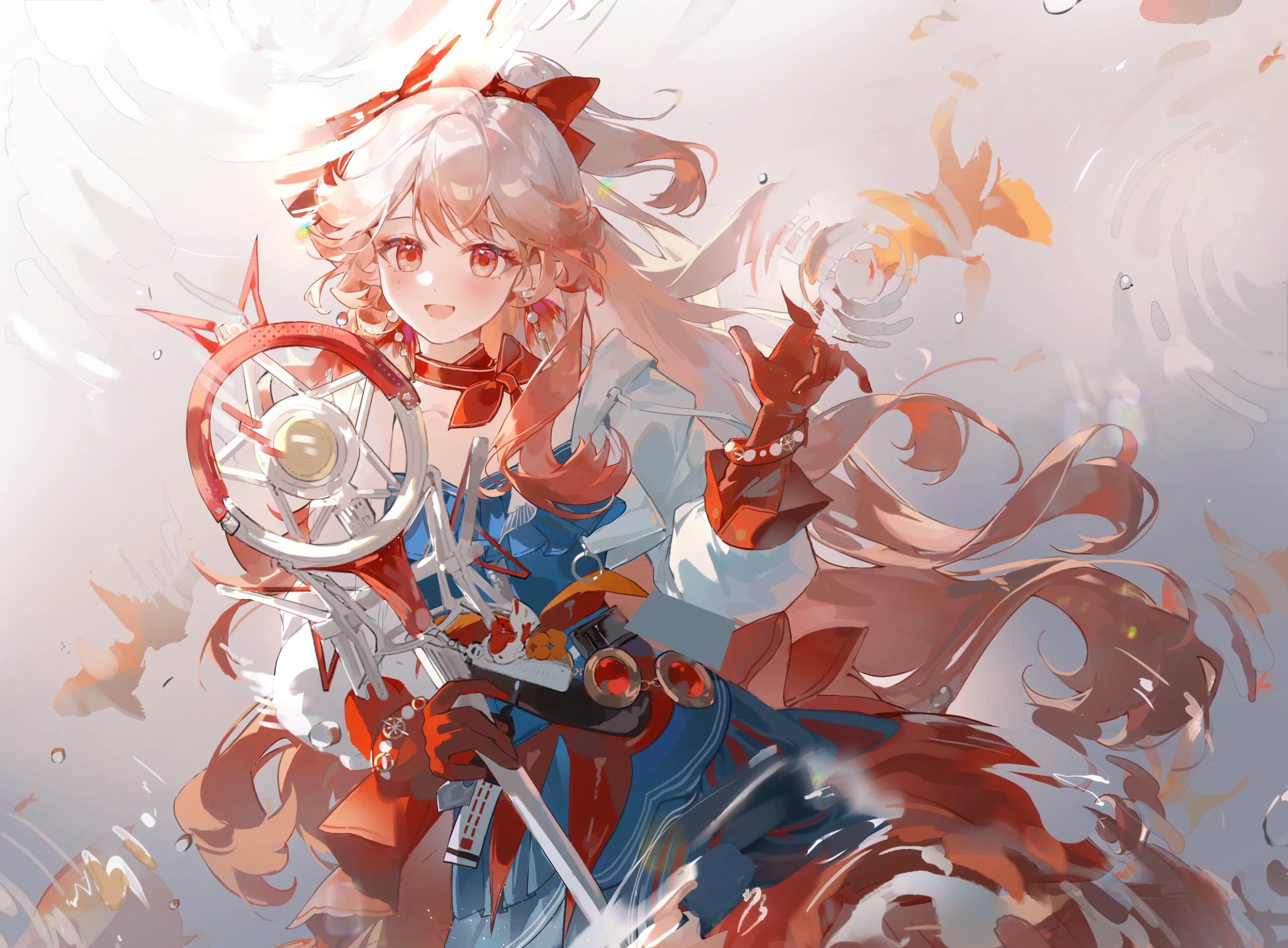 amukeer, haruka (arknights), arknights, bad source, highres, 1girl, :d, blush, bow, earrings, fish, gloves, goldfish, hair bow, holding, holding staff, jacket, jewelry, long hair, long sleeves, looking at viewer, mole, mole on cheek, open mouth, orange eyes, orange hair, pink hair, red bow, red eyes, red gloves, ripples, shirt, smile, solo, staff, very long hair, white jacket