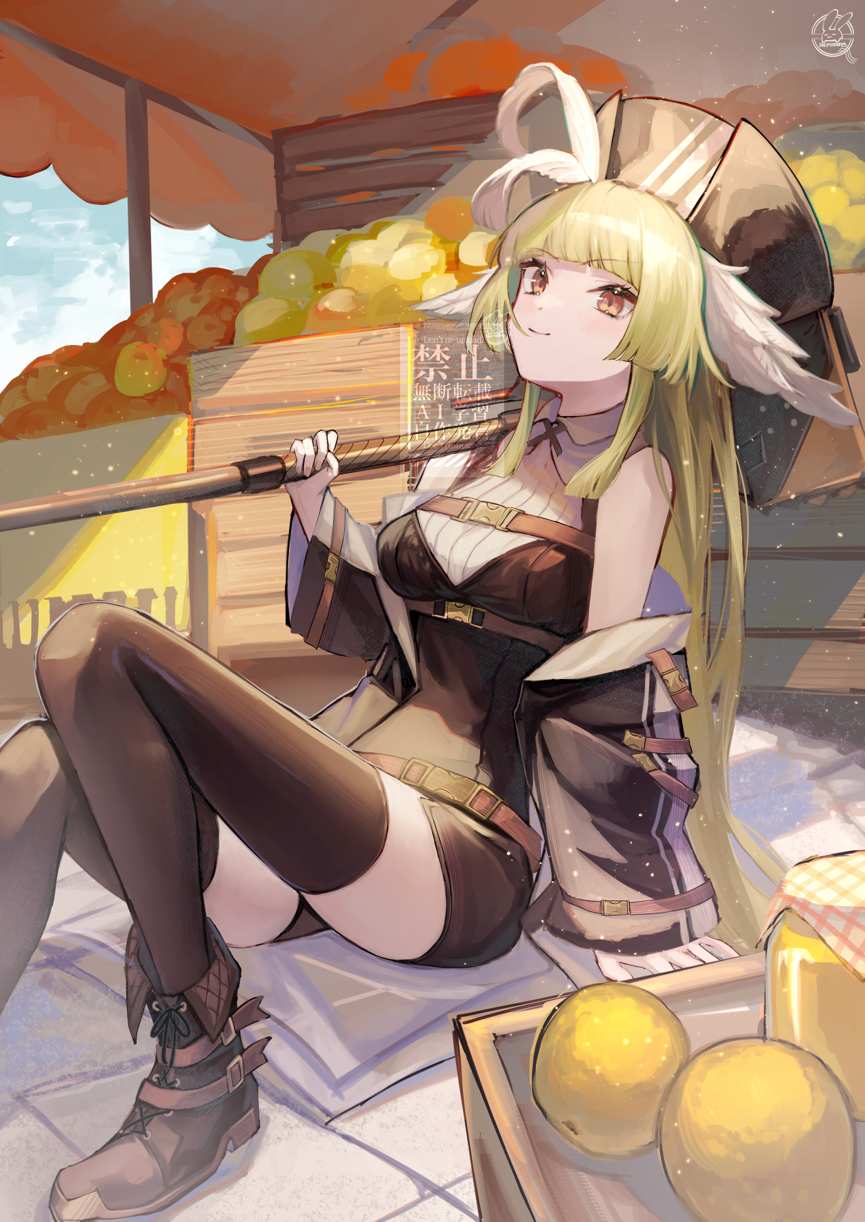 hemorina, poncirus (arknights), arknights, highres, 1girl, arm support, bare shoulders, belt, black hat, black shirt, black thighhighs, blunt bangs, boots, breasts, chest belt, closed mouth, feather hair, food, foot out of frame, from side, fruit, hammer, hat, hat feather, holding, holding hammer, holding weapon, jacket, knees up, long hair, looking at viewer, medium breasts, off shoulder, on floor, open clothes, outdoors, purple eyes, shirt, shorts, sitting, sleeveless, sleeveless shirt, smile, solo, thighhighs, underbust, watermark, weapon, wide sleeves