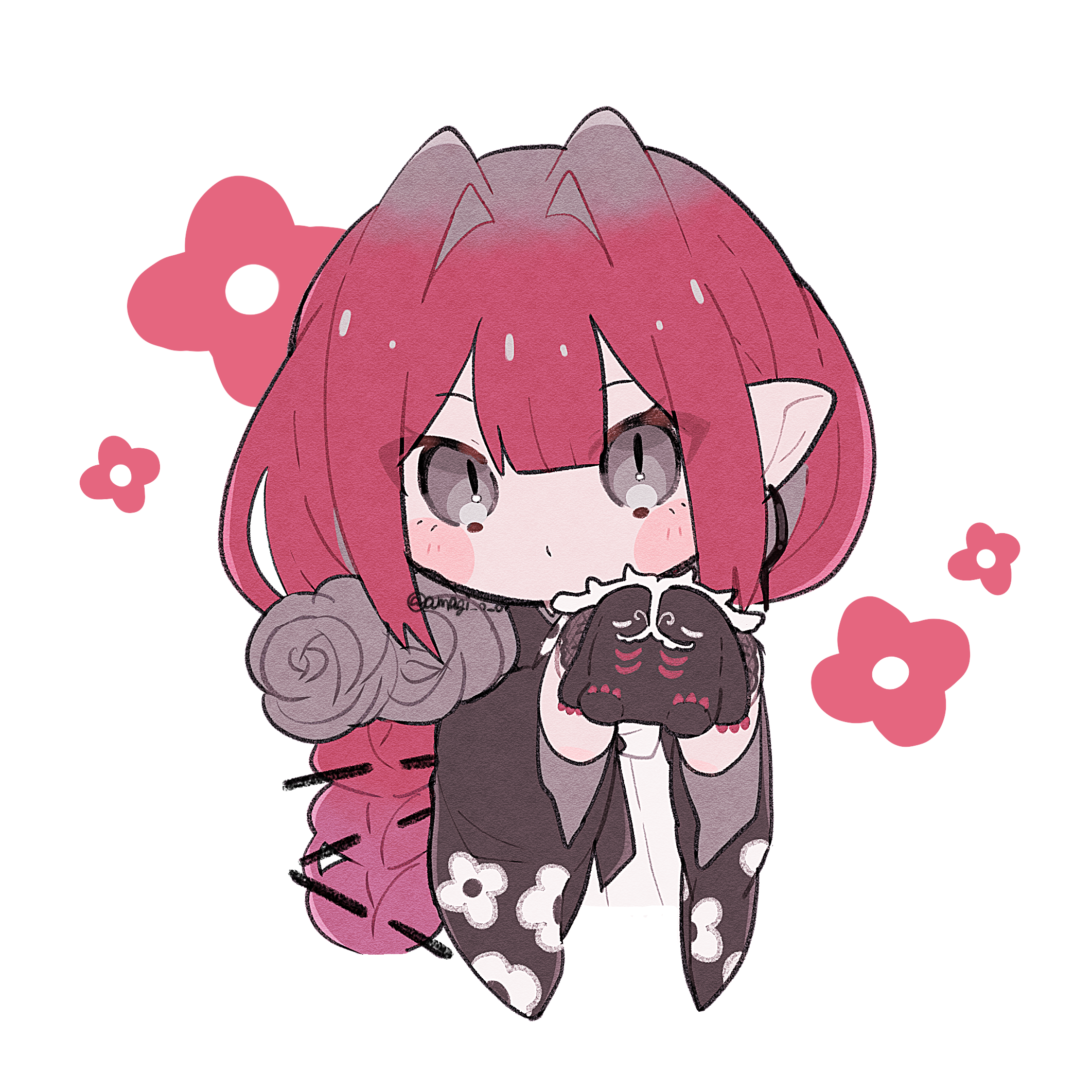 amagi o o, baobhan sith (fate), cernunnos (fate), fate/grand order, fate (series), highres, 1girl, baobhan sith (over the same sky) (fate), black kimono, blush, braid, chibi, grey eyes, japanese clothes, kimono, long hair, looking at viewer, pink hair, pointy ears, single braid, solo, white background
