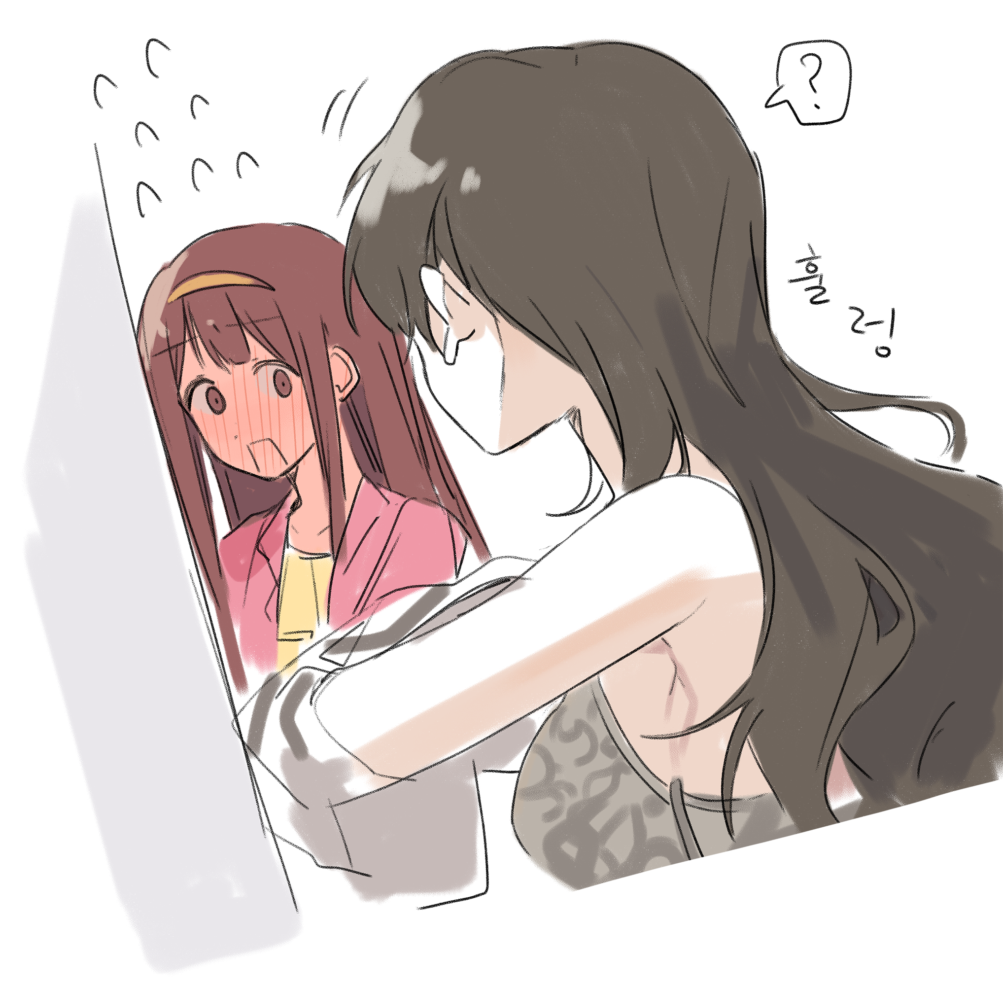hano9789, kitazawa shiho, tanaka kotoha, idolmaster, idolmaster million live!, highres, 2girls, ?, blush, bra, breasts, brown hair, cropped torso, flying sweatdrops, full-face blush, grey bra, hairband, jacket, korean text, long hair, looking at another, multiple girls, pink jacket, red hair, simple background, speech bubble, spoken question mark, underwear, undressing, white background, yuri