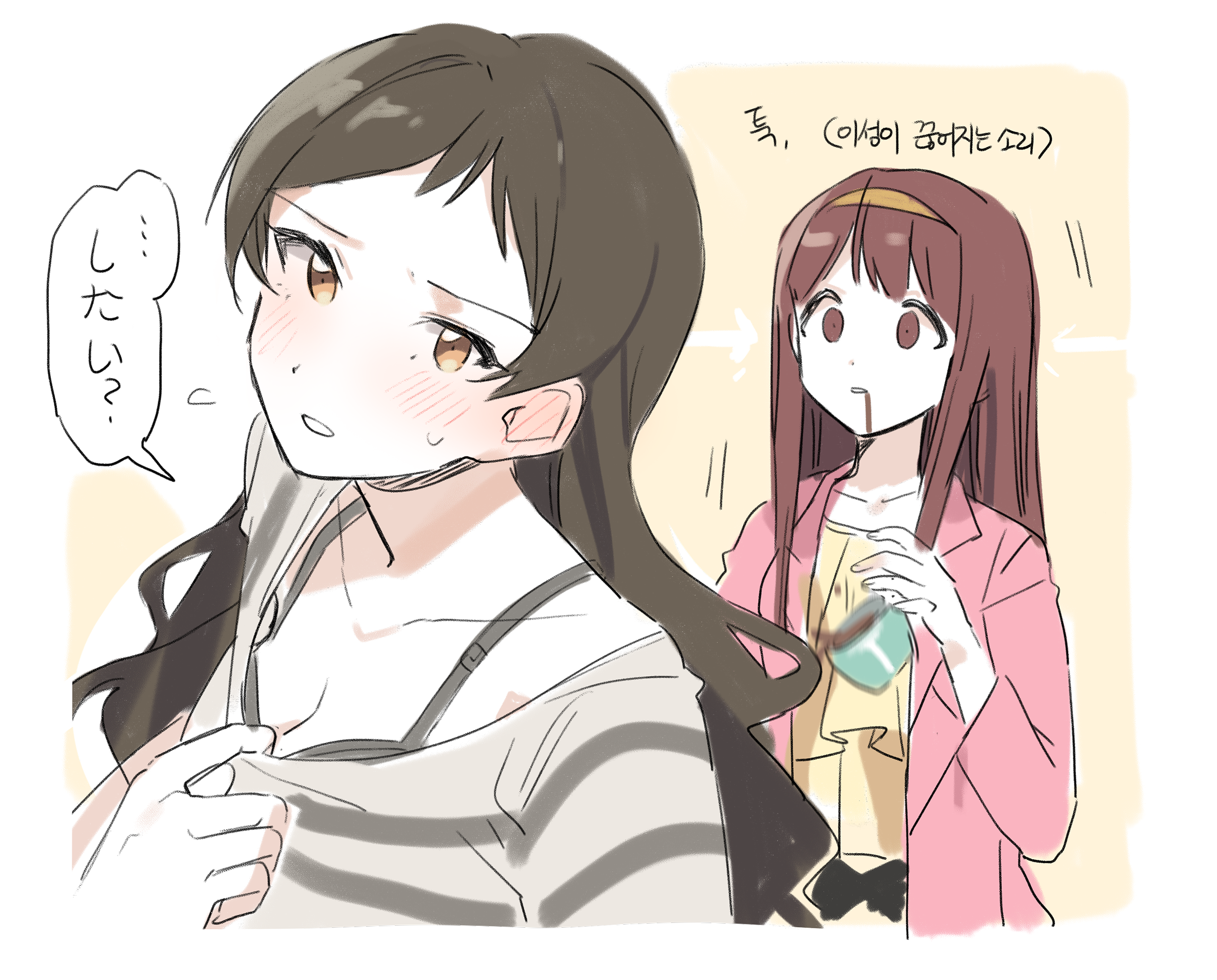 hano9789, kitazawa shiho, tanaka kotoha, idolmaster, idolmaster million live!, highres, 2girls, blush, bra, breasts, brown eyes, brown hair, cleavage, coffee, coffee mug, collarbone, cropped torso, cup, dropping, empty eyes, jacket, long hair, long sleeves, mug, multiple girls, pink jacket, shirt, speech bubble, striped clothes, striped shirt, sweatdrop, underwear, yuri