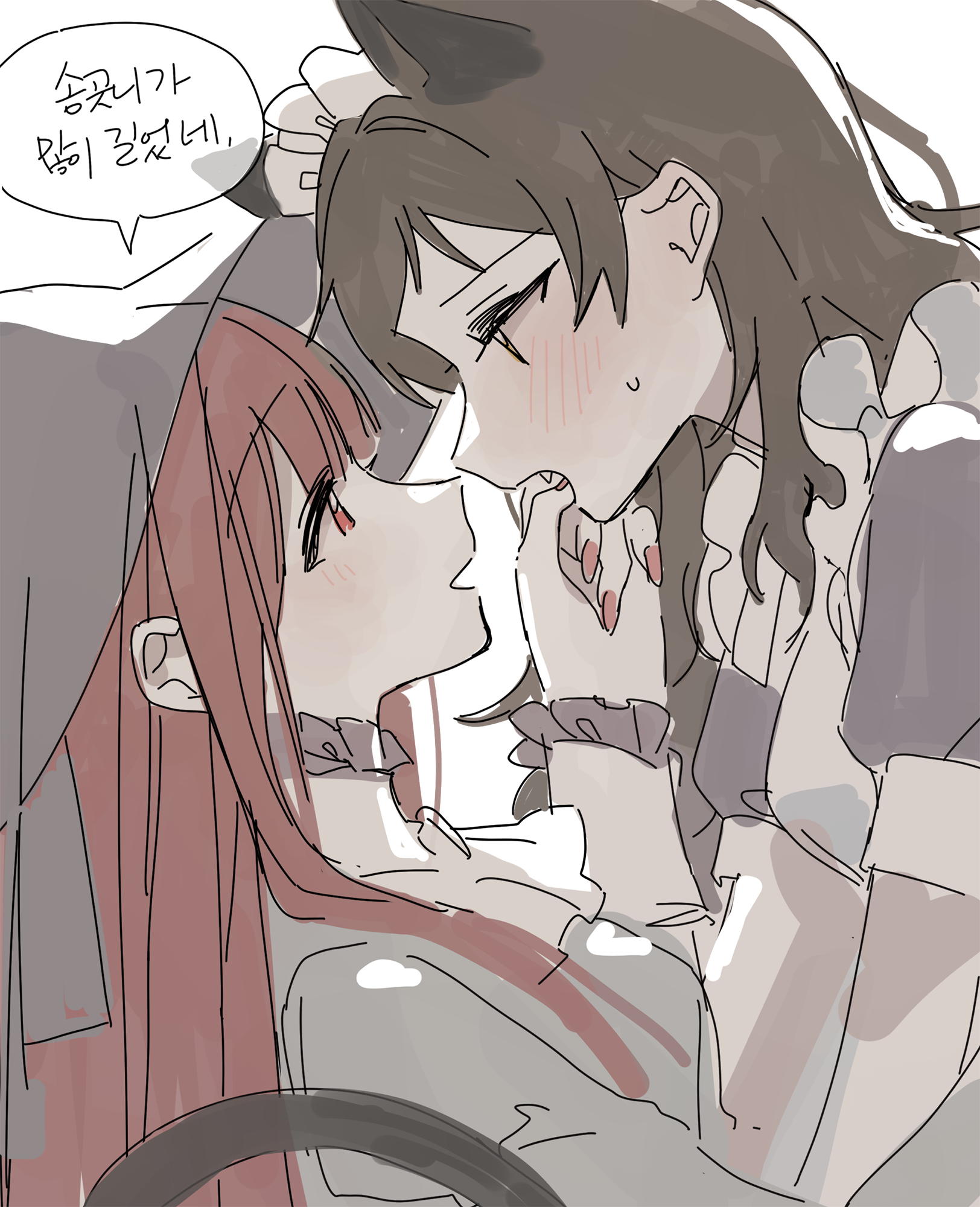 hano9789, kitazawa shiho, tanaka kotoha, idolmaster, idolmaster million live!, highres, translation request, 2girls, animal ears, blush, brown hair, cat ears, cat tail, eye contact, face-to-face, finger in another's mouth, fingernails, from side, hat, kemonomimi mode, korean text, long fingernails, long hair, looking at another, maid headdress, multiple girls, nail polish, profile, red eyes, red hair, red nails, speech bubble, tail, upper body, yuri