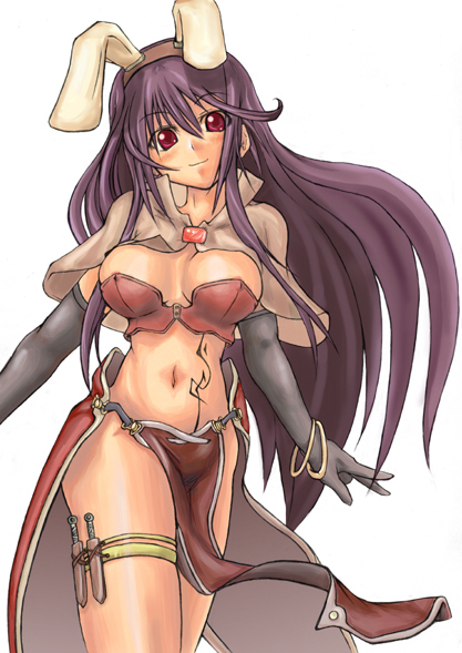 mage (ragnarok online), ragnarok online, 1girl, animal ears, areola slip, breasts, cleavage, elbow gloves, female focus, gloves, large breasts, long hair, midriff, pelvic curtain, purple hair, rabbit ears, red eyes, solo