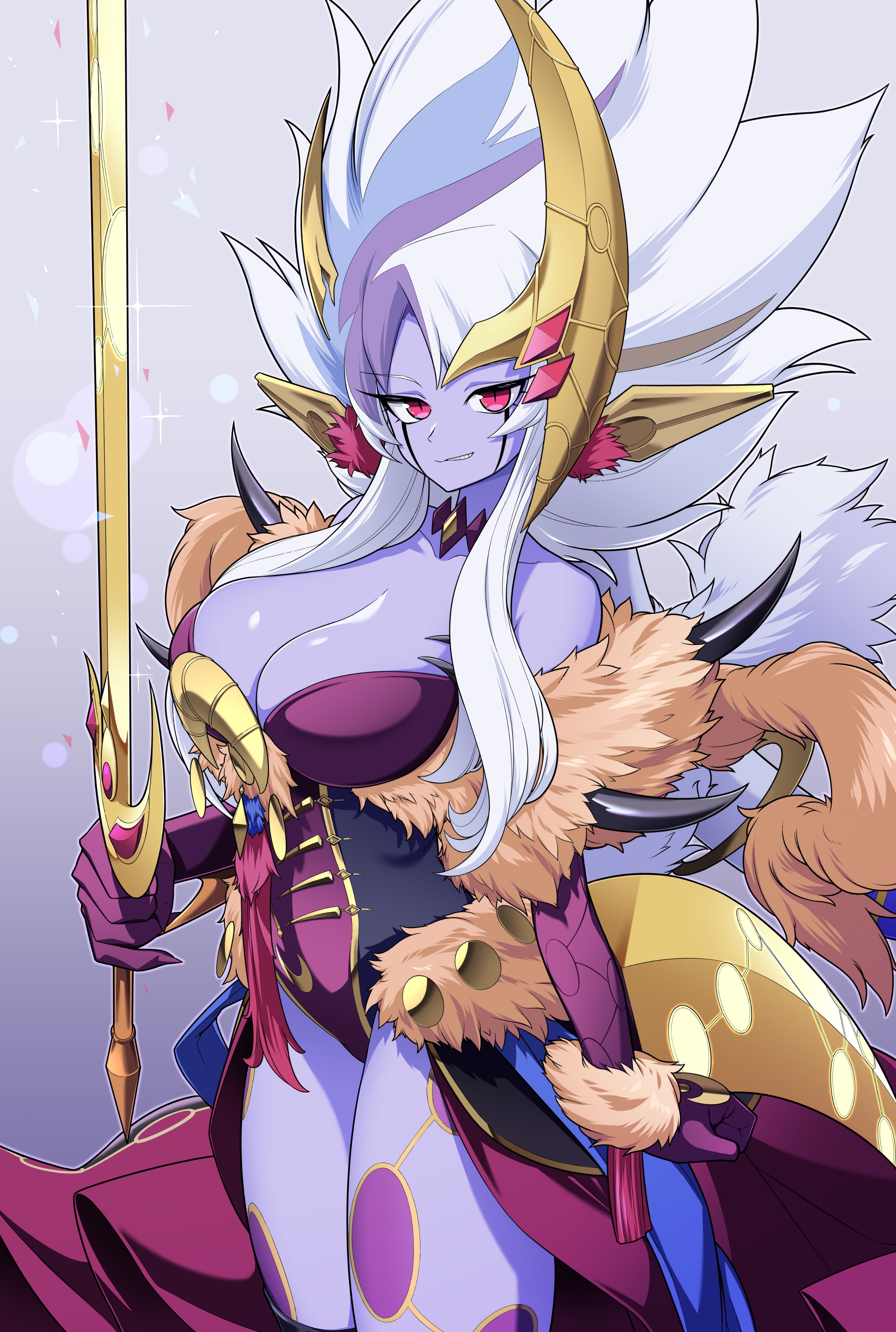 naruyan mk-ii, lunalight leo dancer, yu-gi-oh!, absurdres, highres, 1girl, body markings, breasts, cat girl, cleavage, colored skin, duel monster, gloves, holding, holding sword, holding weapon, large breasts, leotard, long hair, purple skin, red eyes, solo, sword, weapon, white hair