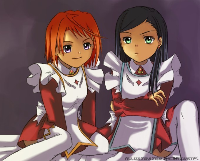 f. mizuki, natsuki kruger, tokiha mai, my-otome, looking away, jpeg artifacts, 00s, 2girls, ahoge, angry, apron, bed, black hair, crossed arms, earrings, flat chest, frown, garderobe uniform, green eyes, indoors, jewelry, long hair, long sleeves, looking at viewer, multiple girls, orange hair, purple eyes, sidelocks, sitting, smile, spread legs, swept bangs, thighhighs, waitress, white thighhighs