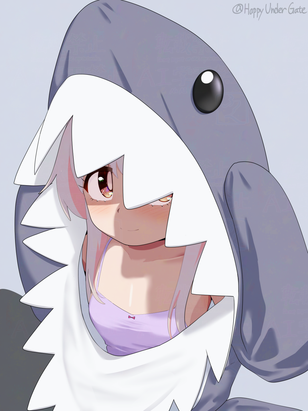 happyundergate, oyama mahiro, onii-chan wa oshimai!, commentary, highres, 1girl, animal costume, animal hood, artist name, blush, breasts, brown eyes, camisole, collarbone, grey background, grey hair, hood, hood up, looking at viewer, multicolored hair, onesie, pink hair, purple camisole, shark costume, shark hood, simple background, small breasts, smile, solo, spaghetti strap, twitter username, two-tone hair, upper body