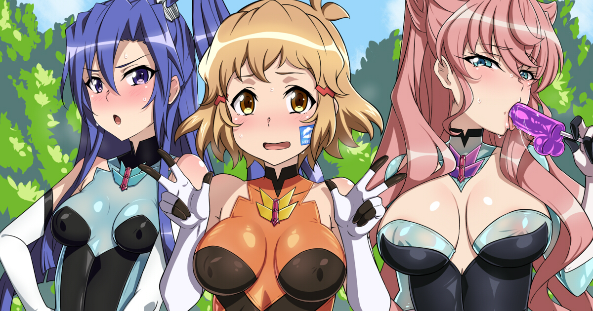 gozaru, kazanari tsubasa, maria cadenzavna eve, tachibana hibiki (symphogear), senki zesshou symphogear, variant set, 3girls, aqua leotard, black leotard, blue eyes, blue hair, blush, breasts, brown eyes, brown hair, candy, chest tattoo, corruption, covered erect nipples, double v, elbow gloves, food, gloves, holding, holding candy, holding food, holding lollipop, leotard, lollipop, long hair, looking at viewer, medium breasts, medium hair, multicolored leotard, multiple girls, orange leotard, penis-shaped food, pink hair, purple eyes, saliva, saliva trail, sexually suggestive, small breasts, sticker on face, sweat, tattoo, two-tone leotard, undersuit, upper body, v, very long hair, white gloves
