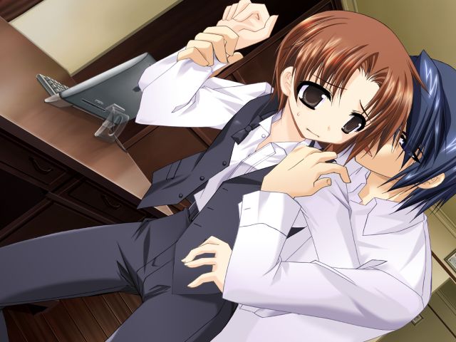minazuki haruka, okano kanata, oose no mama ni goshujin-sama!, oose no mamani go shujinsama!, game cg, non-web source, 2boys, blue hair, bow, bowtie, brown hair, butler, crossdressing (ftm), dress shirt, female butler, getchu.com, male focus, multiple boys, reverse trap, shirt, shota, trap, vest, yaoi