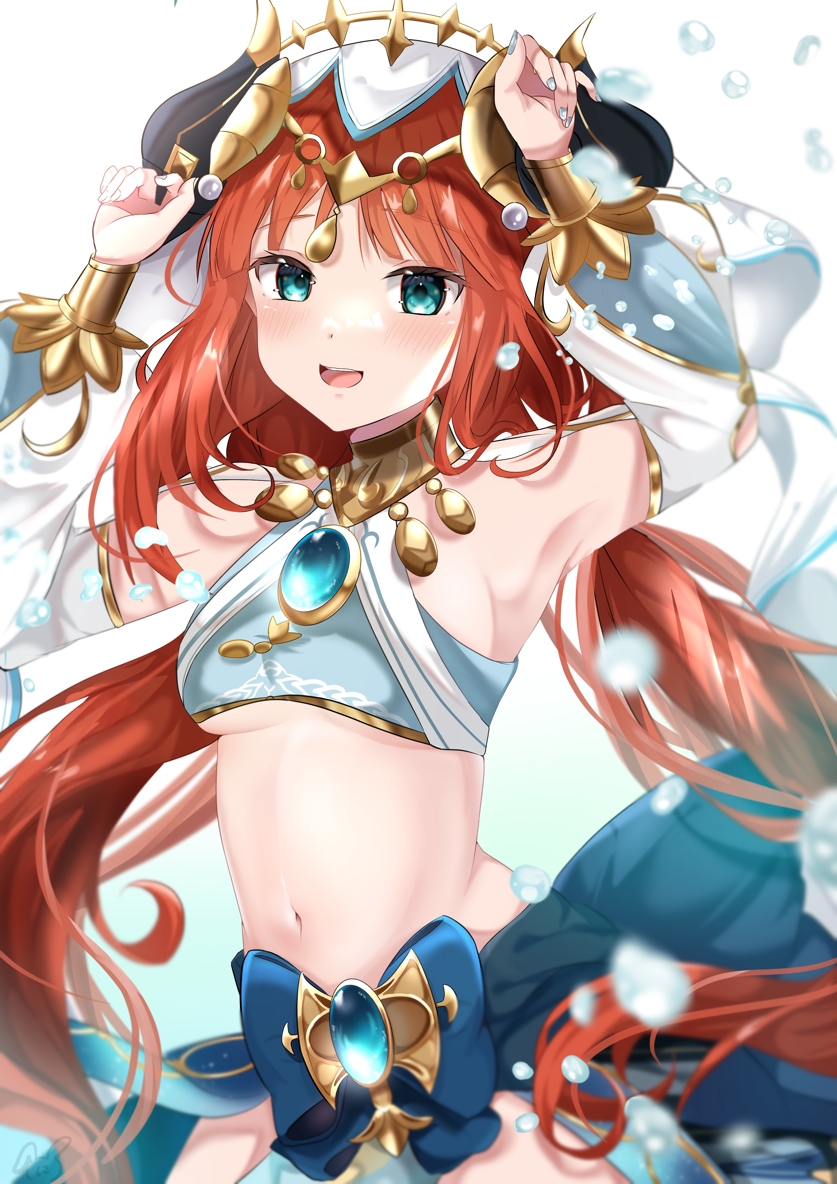 nika (emunika), nilou (genshin impact), genshin impact, absurdres, commentary request, highres, partial commentary, 1girl, aqua eyes, black horns, blue brooch, blue skirt, cowboy shot, crop top, detached sleeves, fake horns, hands up, harem outfit, horns, long hair, looking at viewer, low twintails, midriff, navel, open mouth, puffy detached sleeves, puffy sleeves, red hair, skirt, smile, solo, stomach, twintails, veil, white veil