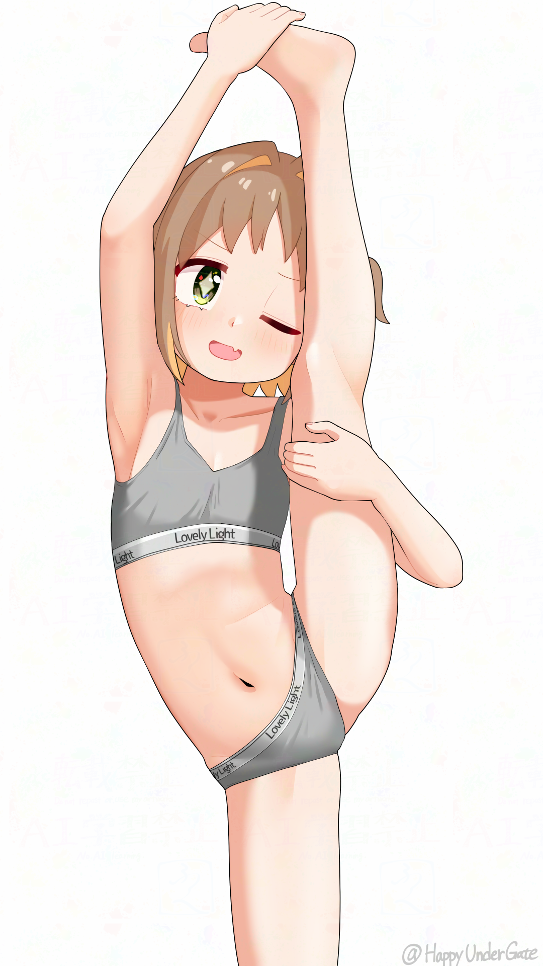 happyundergate, oka asahi, onii-chan wa oshimai!, commentary, highres, 1girl, ;d, arm up, armpits, artist name, bare arms, bare legs, barefoot, bra, brown hair, clothes writing, collarbone, colored inner hair, diamond-shaped pupils, diamond (shape), fang, flat chest, flexible, green eyes, grey bra, grey panties, hand on own foot, hand on own leg, kneepits, leg up, light blush, multicolored hair, navel, one eye closed, open mouth, orange hair, panties, short hair, simple background, skin fang, smile, solo, split, standing, standing on one leg, standing split, stomach, symbol-shaped pupils, twitter username, two-tone hair, two side up, underwear, underwear only, white background