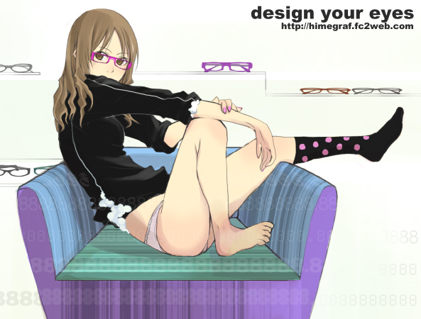 yoshito, 1girl, black shirt, black socks, blouse, bottomless, brown eyes, brown hair, english text, female focus, from side, glasses, kneehighs, long hair, long sleeves, no pants, panties, polka dot, shirt, single kneehigh, single sock, sitting, socks, solo, underwear, watermark, web address, white panties
