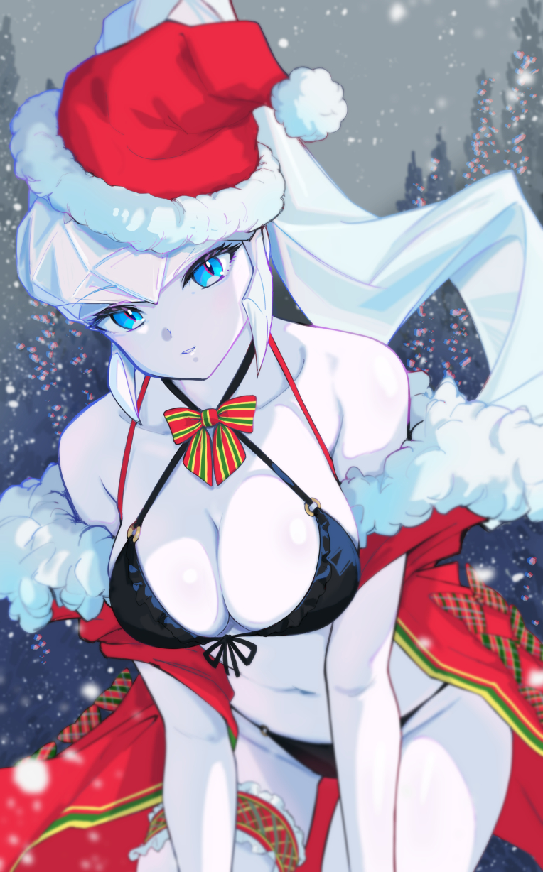arakan, oyuki (urusei yatsura), urusei yatsura, highres, 1girl, bare shoulders, bikini, black bikini, blue eyes, blurry, blurry background, bow, bowtie, breasts, cape, christmas, cleavage, cowboy shot, criss-cross halter, crystal hair, depth of field, forest, frilled thigh strap, front-tie bikini top, front-tie top, fur-trimmed cape, fur trim, groin, halterneck, large breasts, leaning forward, long hair, looking at viewer, multicolored bow, multicolored bowtie, nature, navel, o-ring, o-ring bikini, outdoors, pale skin, parted lips, plaid bow, plaid clothes, red cape, santa costume, snow, snowing, solo, striped bow, striped bowtie, striped clothes, swimsuit, thigh strap, white hair, yuki onna