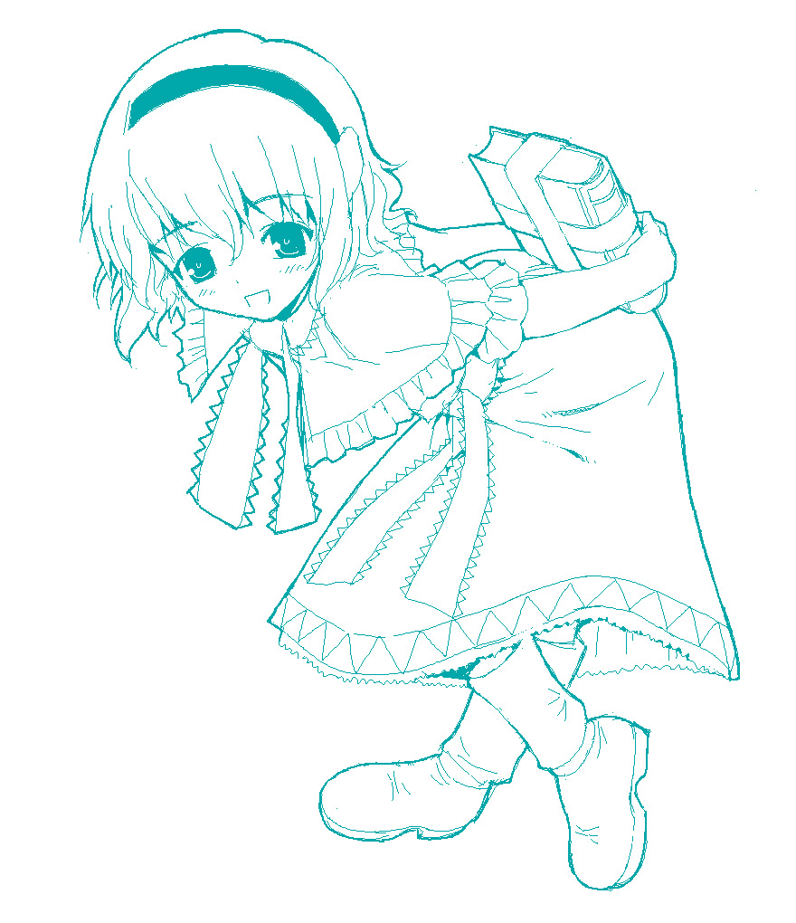 shichimenchou, alice margatroid, touhou, 1girl, aqua theme, blue theme, female focus, full body, monochrome, simple background, solo, that blue, white background
