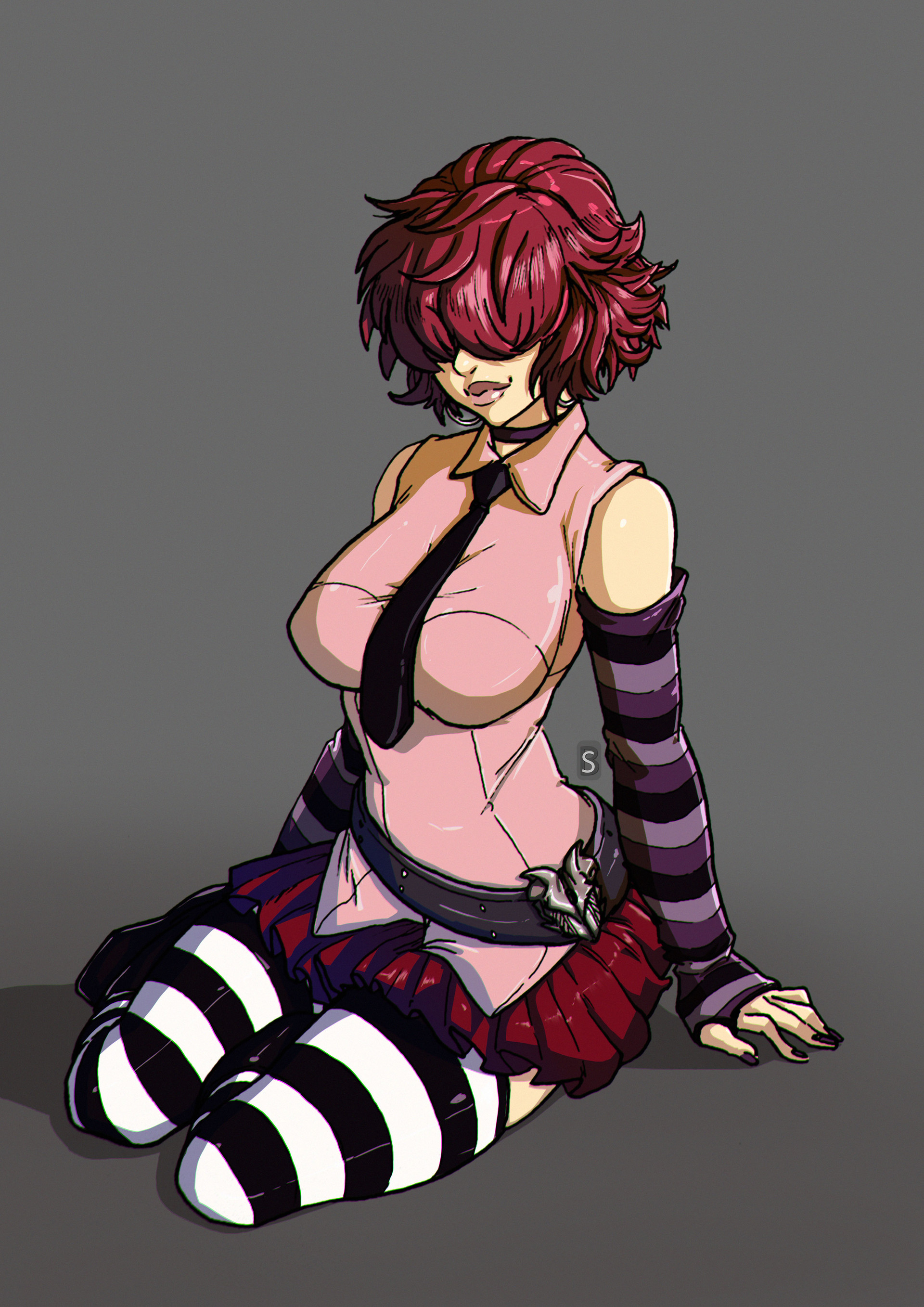 robo ink, shermie (kof), the king of fighters, 1girl, breasts, female focus, gloves, goth fashion, hicham kaidi, hichamkaidi, huge breasts, large breasts, long hair, pale skin, ponytail, red hair, sitting, skirt, smile, socks, thick lips, thick thighs, thighs, wide hips