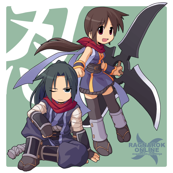 yuichirou, ninja (ragnarok online), ragnarok online, 2boys, copyright name, full body, male focus, multiple boys, ninja, shuriken, thighhighs, weapon