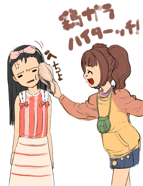 yuu (kfc), minase iori, takatsuki yayoi, idolmaster, idolmaster (classic), idolmaster 1, 00s, 2girls, :d, ^ ^, anger vein, bag, bare shoulders, brown hair, closed eyes, cowboy shot, dress, miniskirt, multiple girls, open mouth, parted lips, pocket, raglan sleeves, simple background, skirt, sleeveless, sleeveless dress, smile, sweater, twintails, two side up, white background, wince