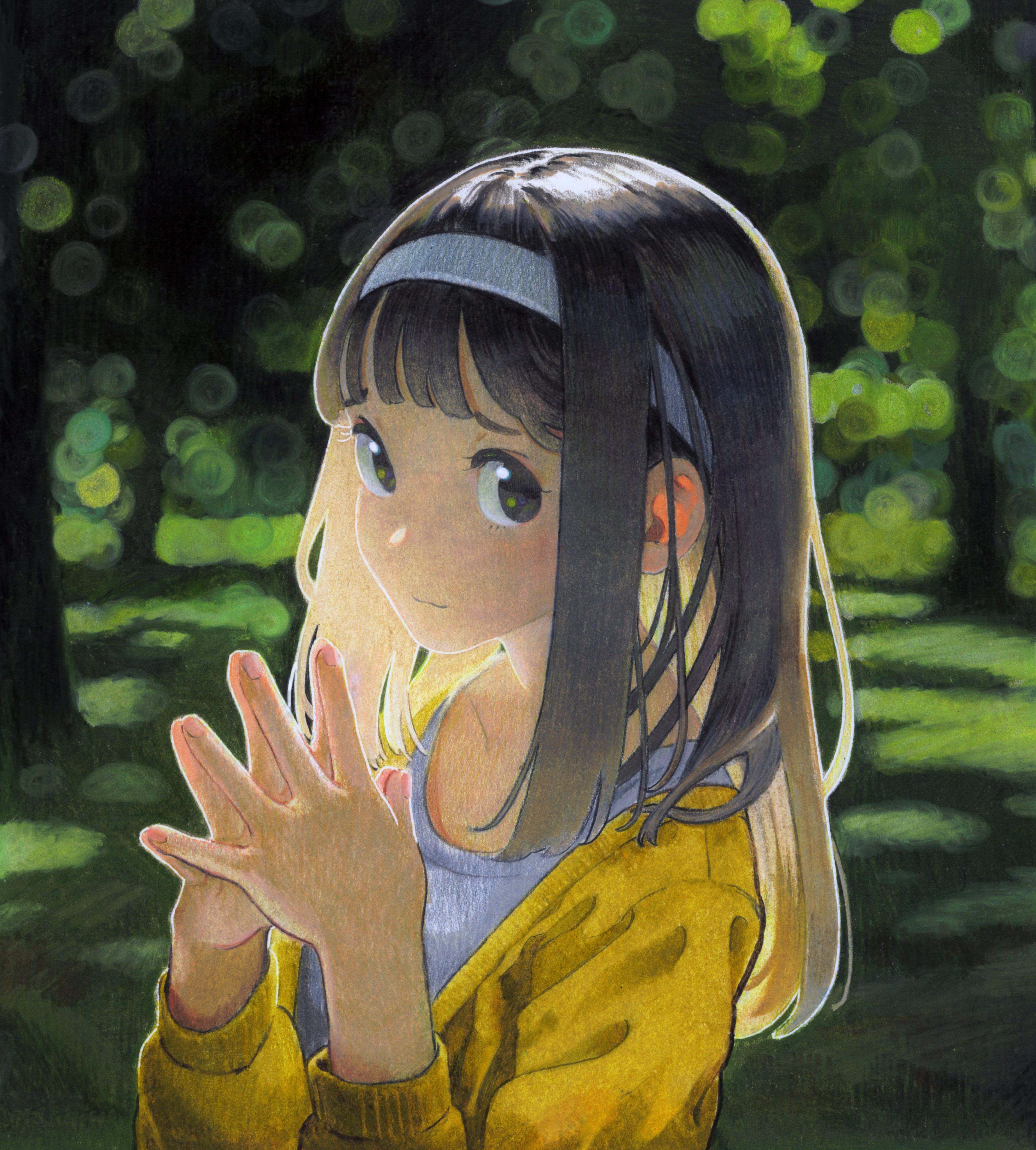 nekojarashi (yuuga), original, absurdres, highres, traditional media, 1girl, black hair, closed mouth, hairband, interlocked fingers, long hair, long sleeves, looking at viewer, outdoors, own hands together, smile, solo, steepled fingers, upper body