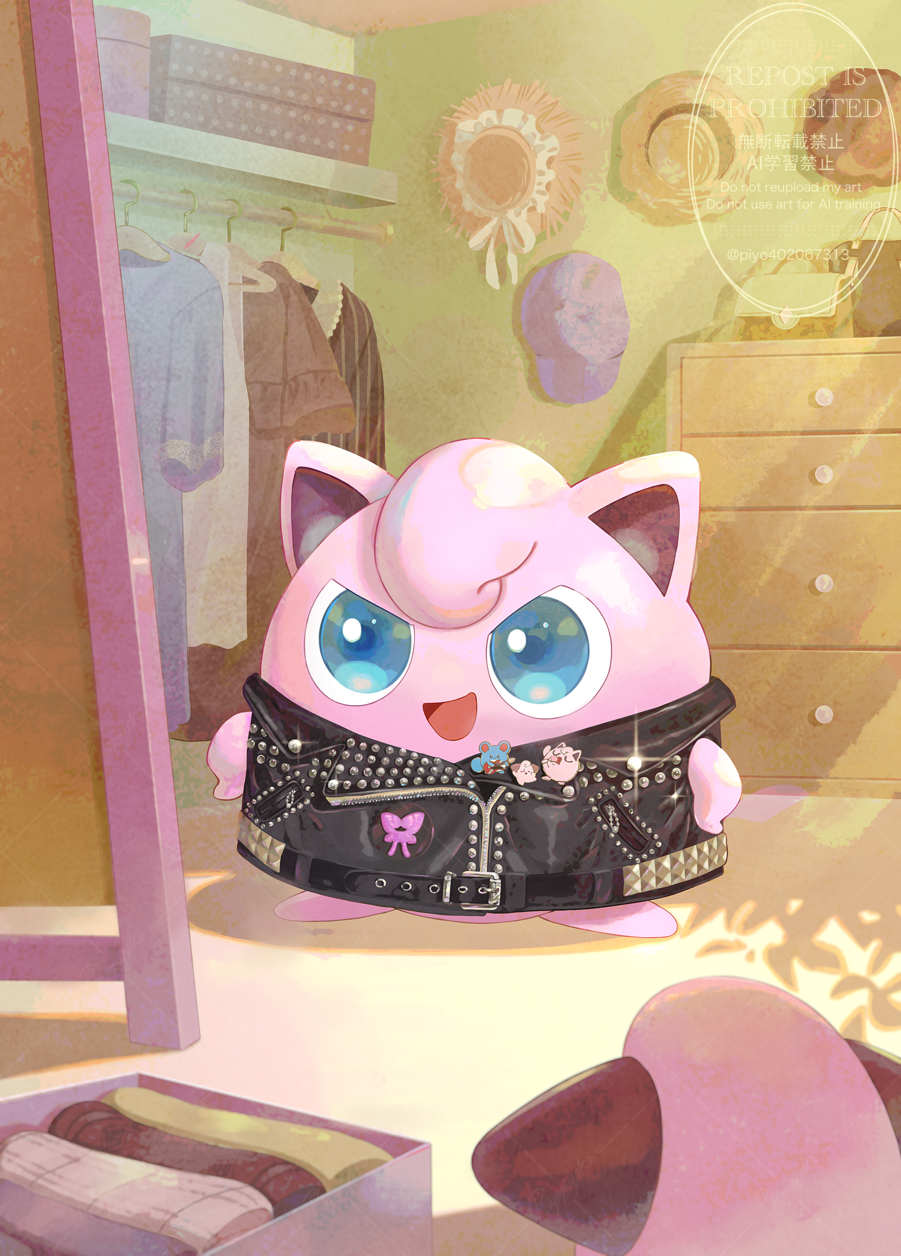 piyokonoenikki 04, cleffa, jigglypuff, nintendo, pokemon, absurdres, commentary request, highres, :d, clothed pokemon, clothes hanger, drawer, gen 1 pokemon, gen 2 pokemon, glint, indoors, jacket, leather, leather jacket, light rays, open mouth, pokemon (creature), shadow, shelf, smile, tongue, unworn clothes, watermark