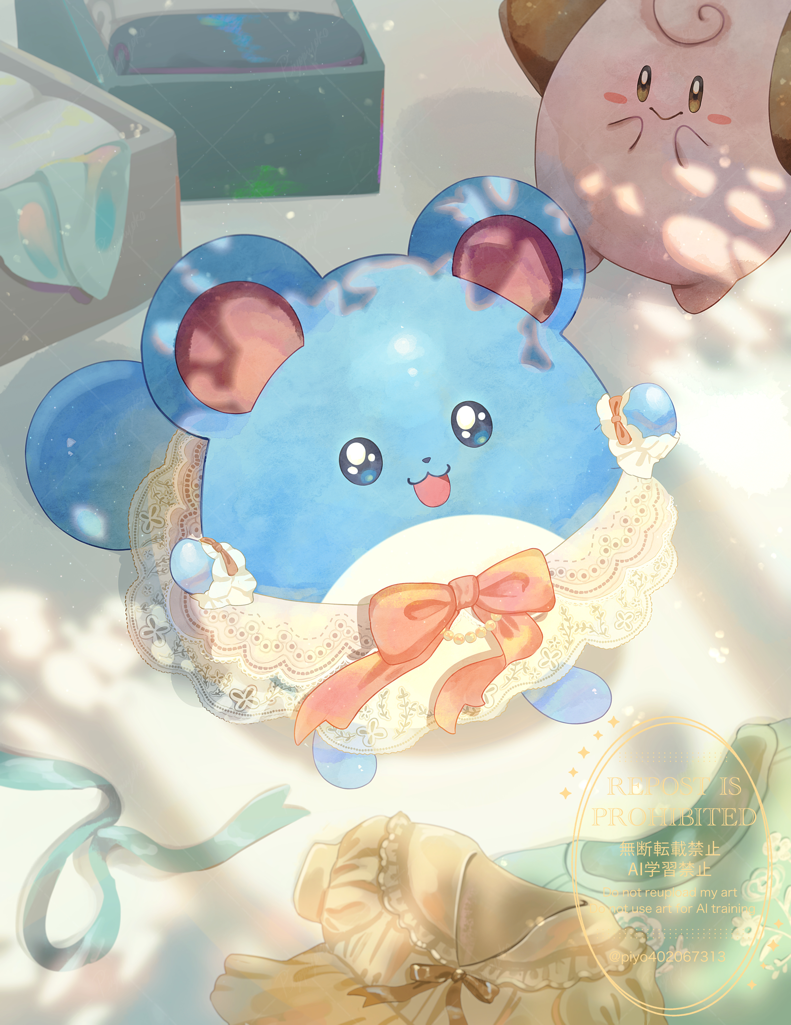 piyokonoenikki 04, cleffa, marill, nintendo, pokemon, absurdres, commentary request, highres, :>, :d, blue eyes, blush stickers, clothed pokemon, gen 2 pokemon, happy, indoors, looking up, open mouth, pokemon (creature), shadow, smile, standing, unworn clothes, watermark