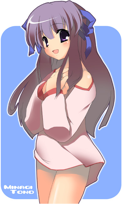 mizoguchi keiji, toono minagi, air (visual novel), 00s, 1girl, blue background, blush, bottomless, female focus, hair ribbon, long hair, purple eyes, purple hair, ribbon, simple background, smile, solo