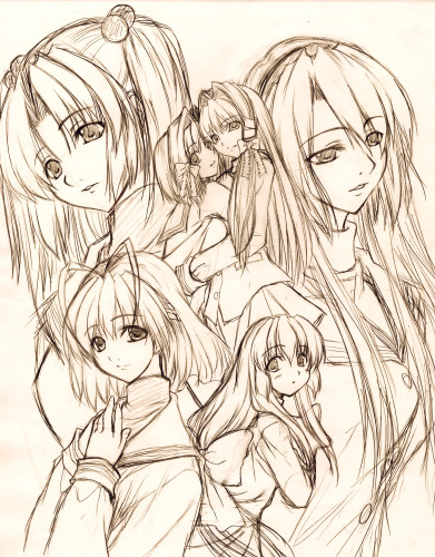 ichino, fujibayashi kyou, fujibayashi ryou, furukawa nagisa, ibuki fuuko, ichinose kotomi, sakagami tomoyo, clannad, lowres, 00s, 6+girls, everyone, female focus, long hair, low-tied long hair, monochrome, multiple girls, sepia, siblings, sisters, twins